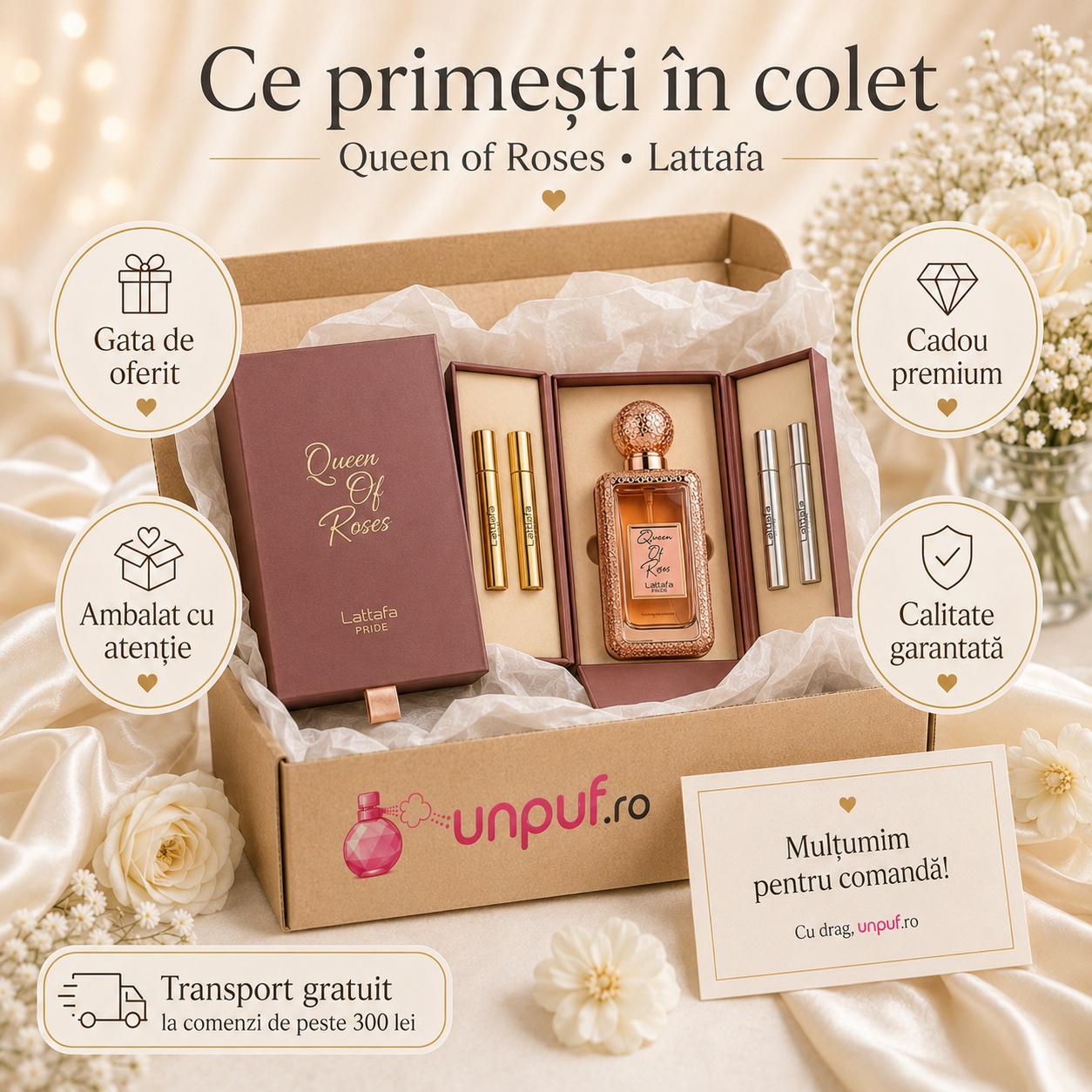 Ce primești &icirc;n colet Lattafa Queen Of Roses 100 ml parfum arăbesc de damă ambalat cu atenție gata de oferit cadou