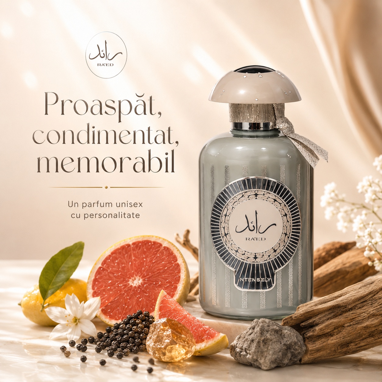 Lattafa Raed Intensely parfum proaspăt, condimentat și memorabil cu citrice, piper, ambră, lemn și mosc