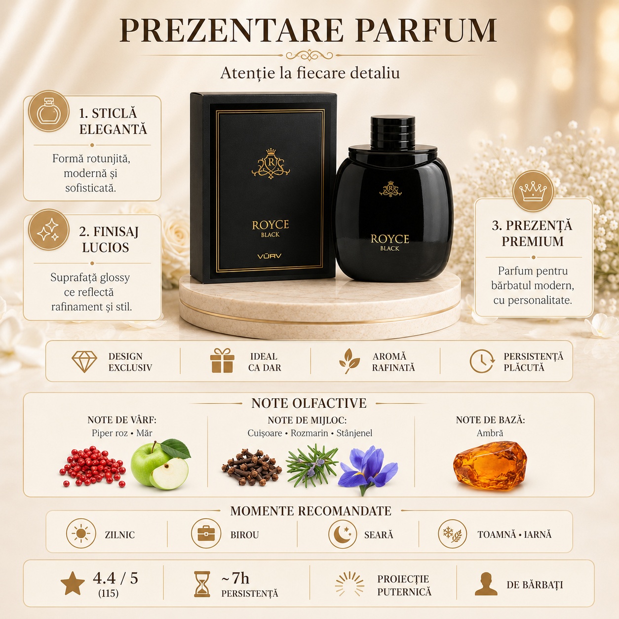Prezentare parfum Lattafa Royce Black cu sticlă elegantă, finisaj lucios, note de piper roz, măr, cuișoare, rozmarin, st&acirc;njenel și ambră
