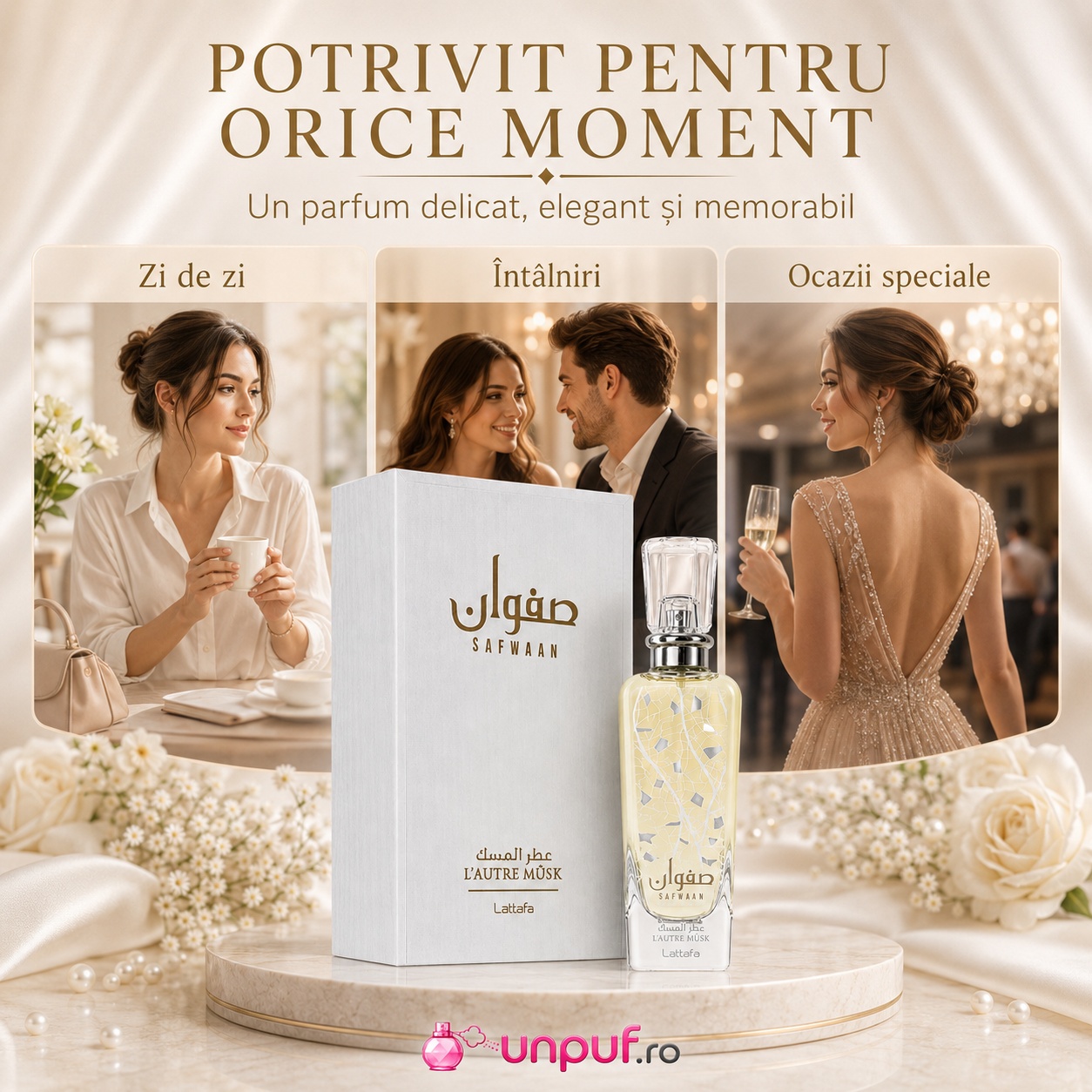 Lattafa Safwaan L&rsquo;Autre Musk parfum potrivit pentru zi de zi, &icirc;nt&acirc;lniri și ocazii speciale, delicat, elegant și memorabil