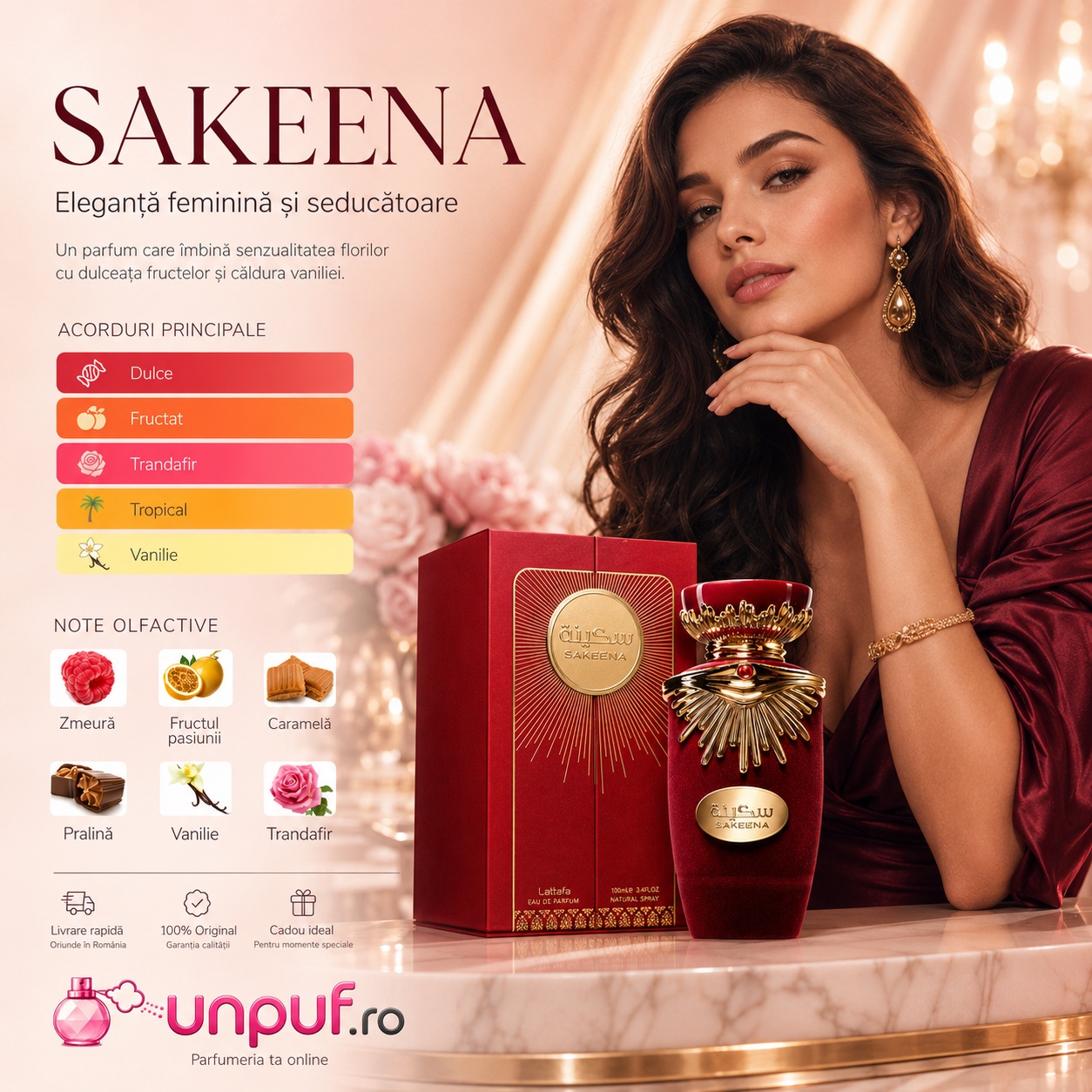 Lattafa Sakeena parfum de damă elegant, feminin și seducător cu acorduri dulci, fructate, trandafir, tropicale și vanilate