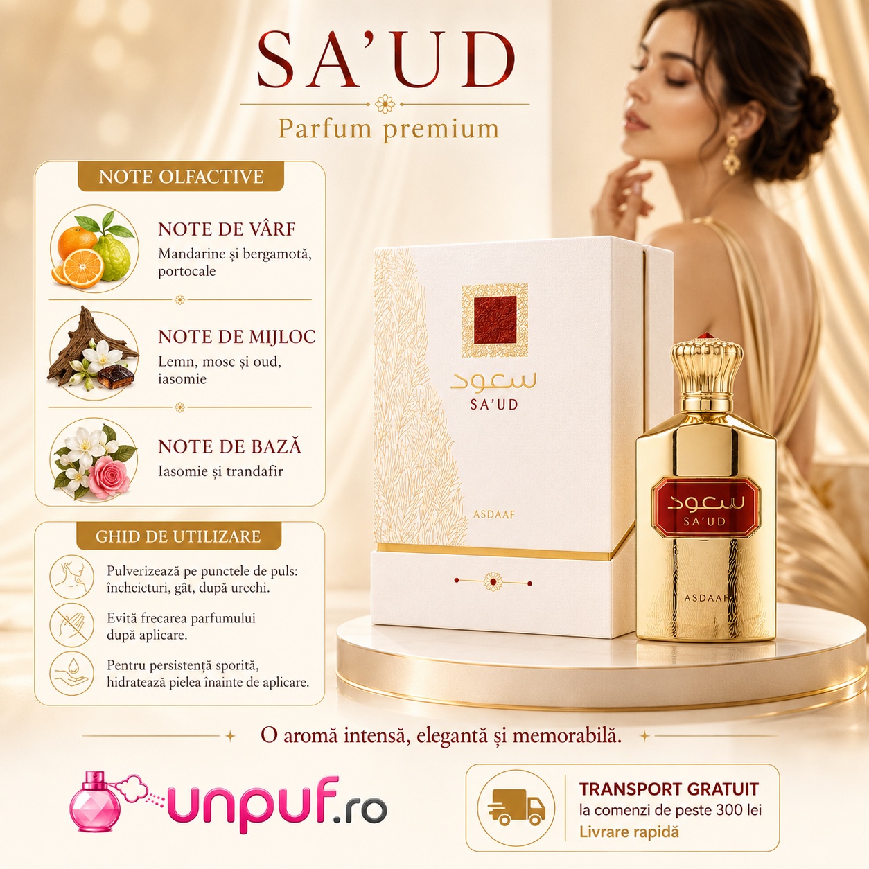 Ghid de utilizare Lattafa Saud cu note de mandarine bergamotă portocale lemn mosc oud iasomie și trandafir