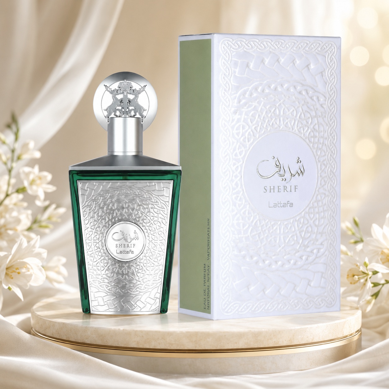 Parfum Arăbesc Lattafa Sherif 100 ml pentru bărbat cu flacon verde argintiu și cutie albă premium Lattafa