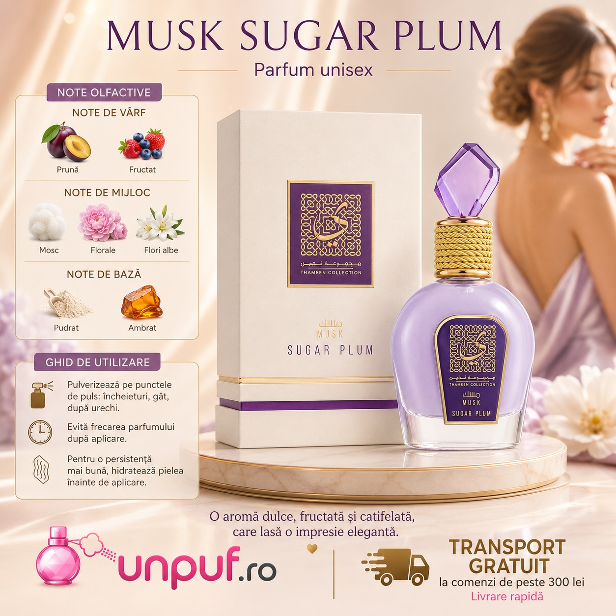Ghid de utilizare Lattafa Thameen Sugar Plum cu note de prune iasomie ambră mosc fructe proaspete și note florale