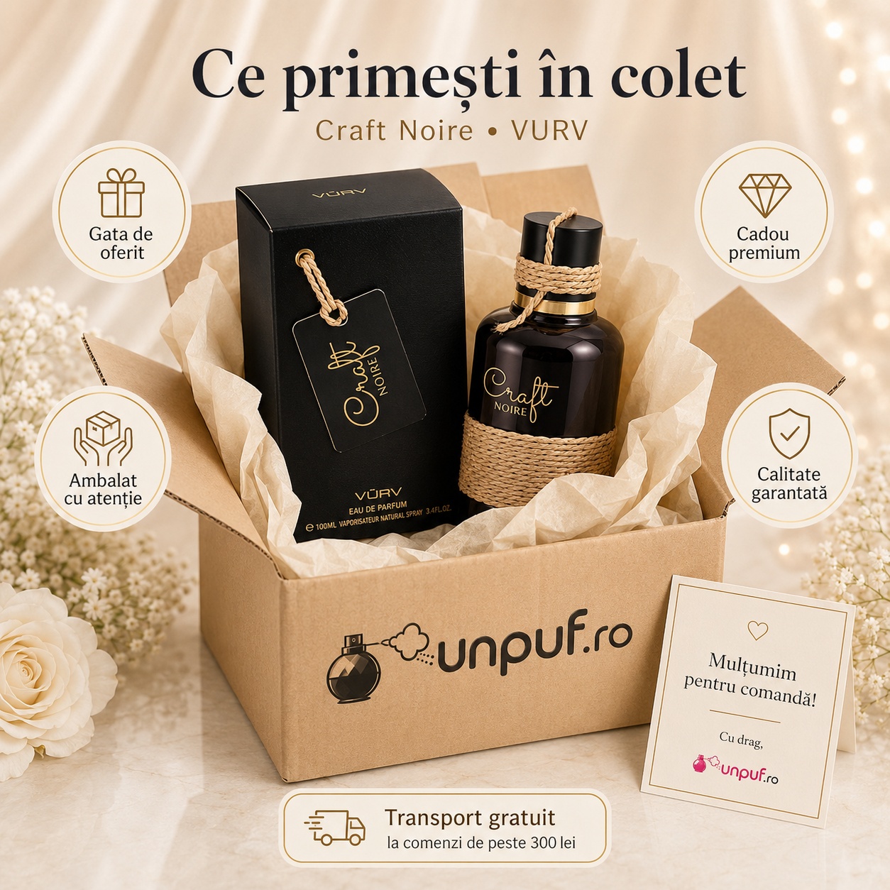 Ce primești &icirc;n colet Lattafa Vurv Craft Noire 100 ml parfum arăbesc unisex ambalat cu atenție, cadou premium și calitate garantată