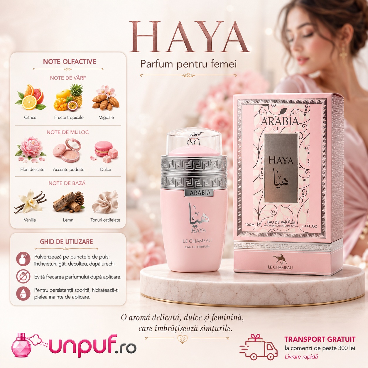 Ghid de utilizare Le Chameau Arabia Haya parfum de damă cu note de citrice, flori albe, vanilie, mosc, ambră și lemn
