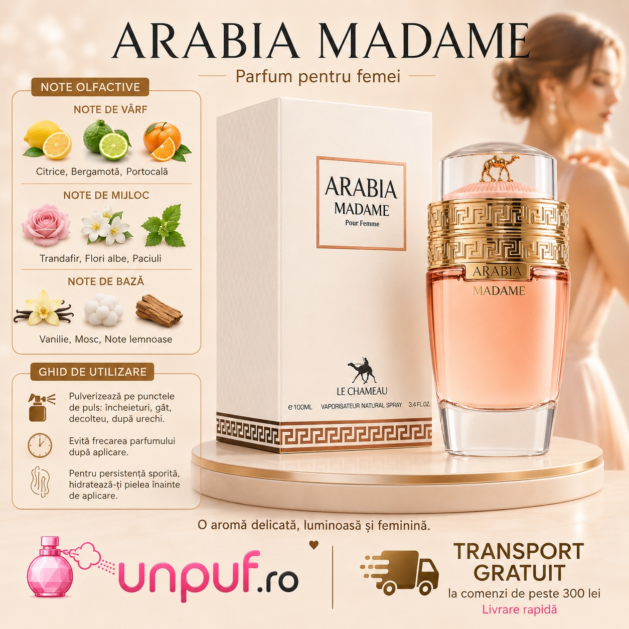 Ghid de utilizare Le Chameau Arabia Madame cu note de citrice condimente șofran rășini flori albe cedru ambră mosc și vanilie