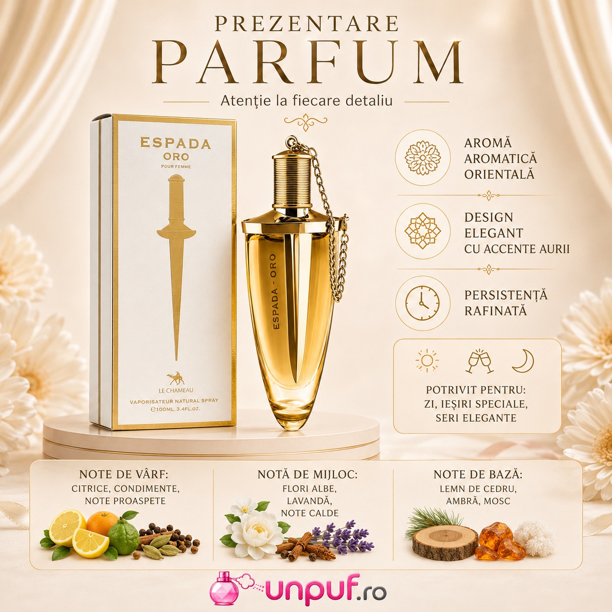 Prezentare parfum Le Chameau Espada Oro cu aromă aromatic orientală, design elegant, accente aurii și note olfactive