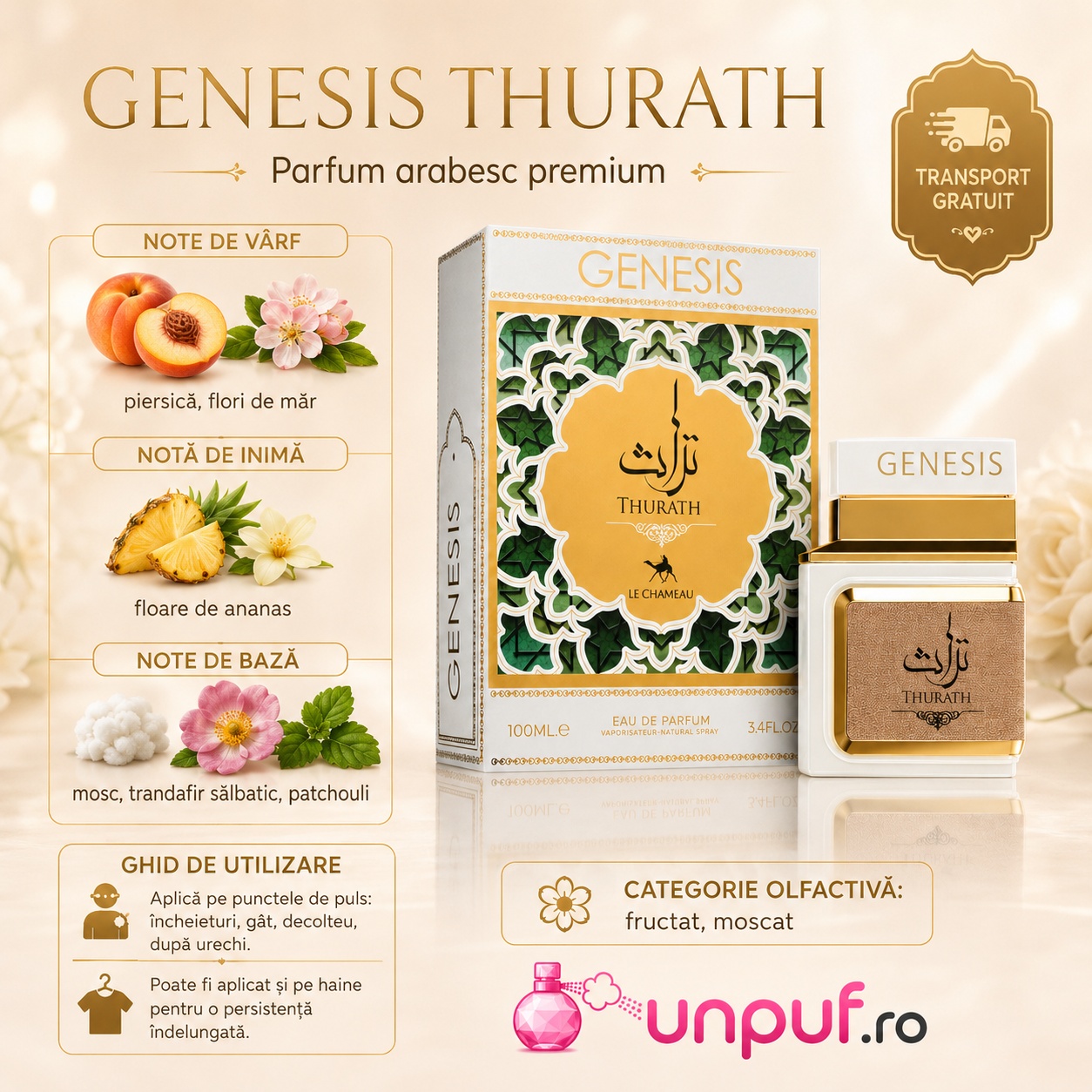 Ghid de utilizare Le Chameau Genesis Thurath cu note de piersică flori de măr floare de ananas mosc trandafir sălbatic și patchouli
