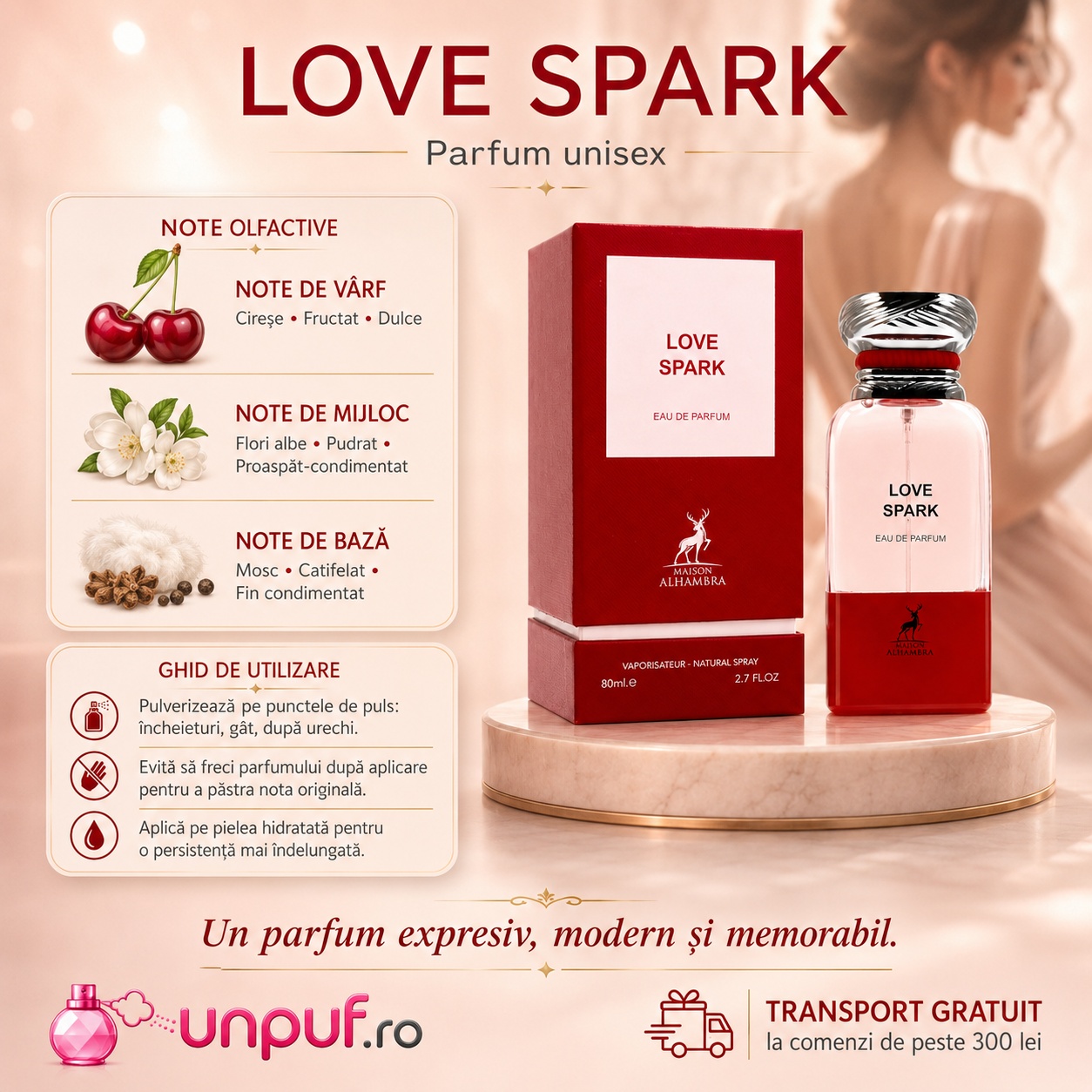 Ghid de utilizare Love Spark Maison Alhambra cu note de cireașă ghimbir iasomie Sambac mosc și piper roz