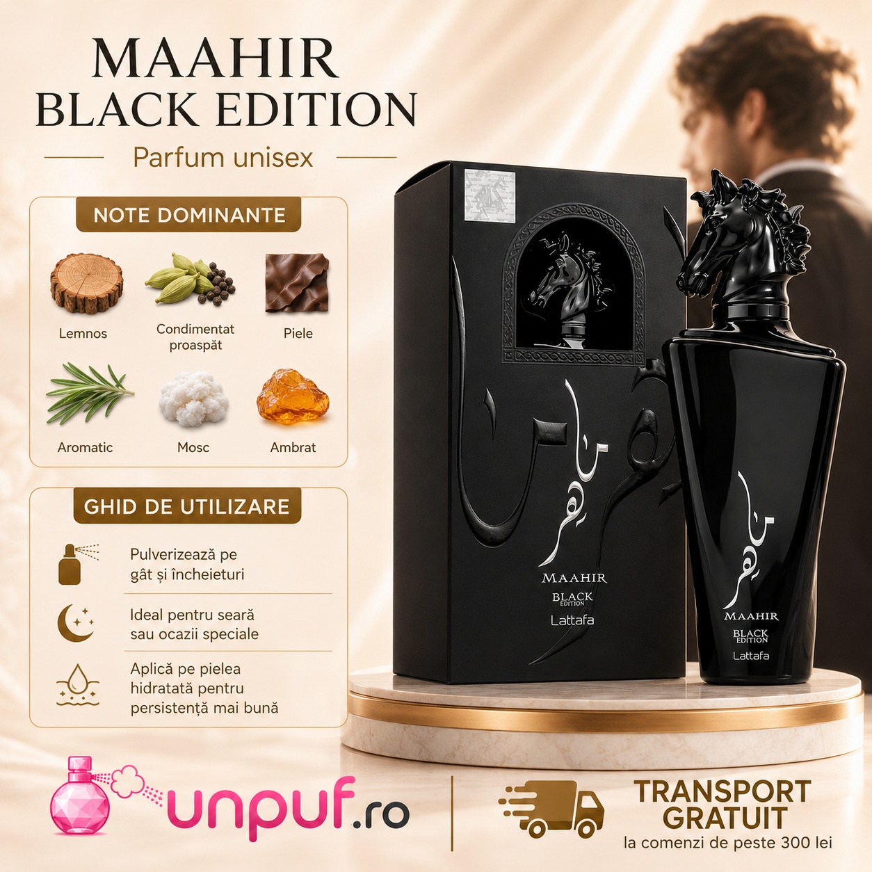 Ghid de utilizare Maahir Black Edition Lattafa cu note lemnoase condimentate piele aromatic mosc ambrat și fum