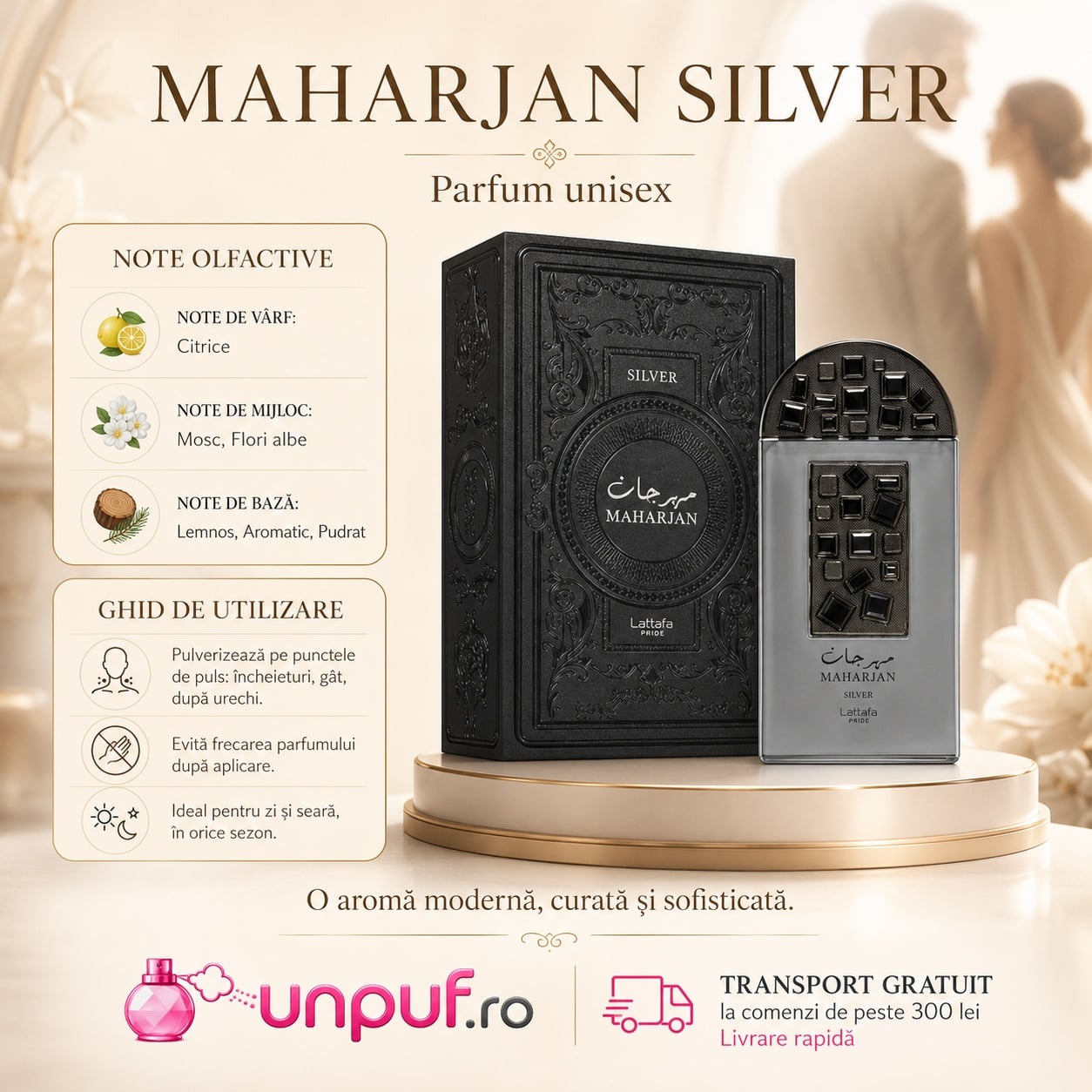 Ghid de utilizare Maharjan Silver Lattafa Pride cu note citrice mosc flori albe lemnos aromatic și pudrat