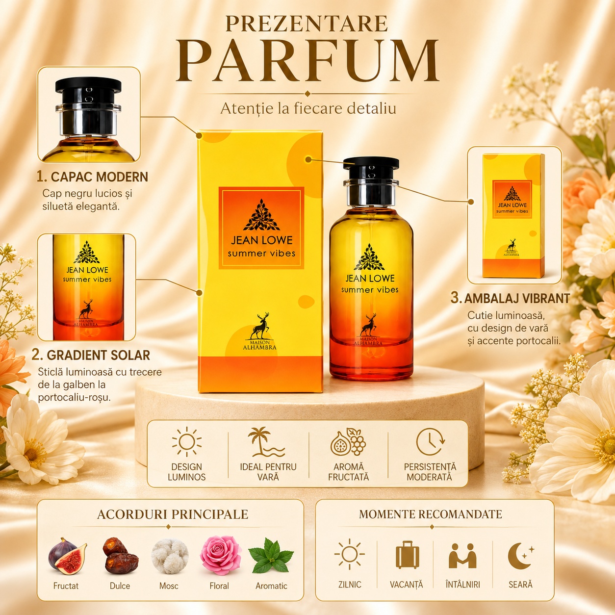 Prezentare parfum Jean Lowe Summer Vibes cu flacon, cutie premium, acorduri principale și momente recomandate