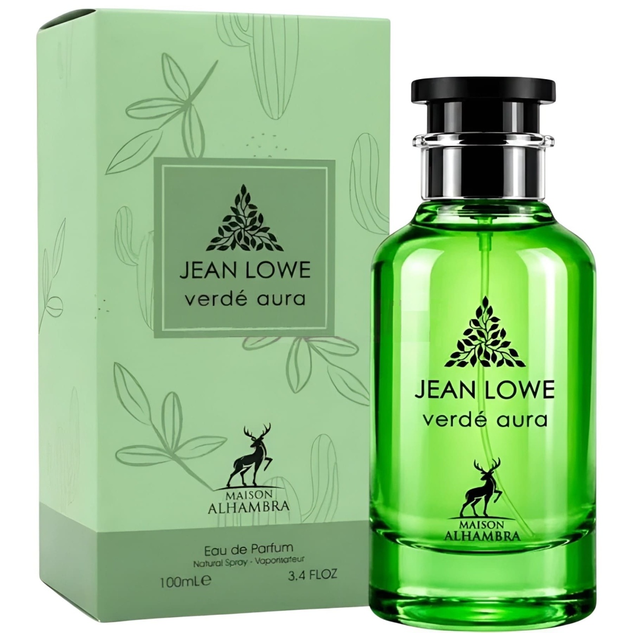 Maison Alhambra Jean Lowe Verde Aura 100ml cu sticlă și cutie pe fundal alb, prezentare completă produs