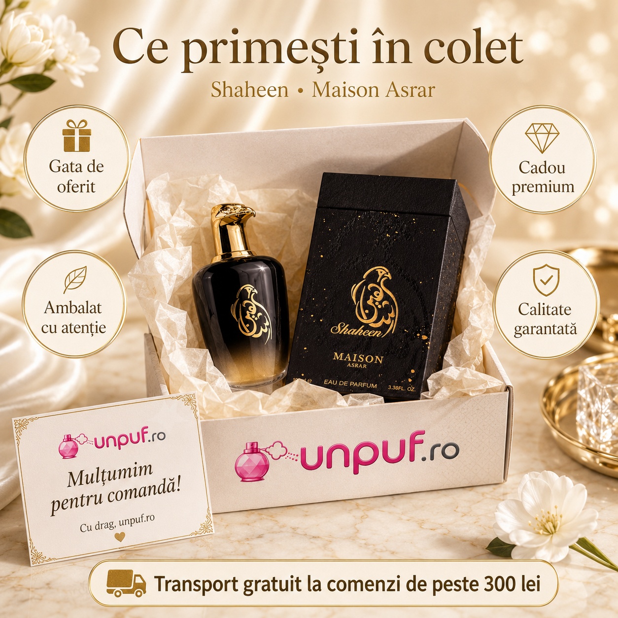 Ce primești în colet Maison Asrar Shaheen Black 110 ml, parfum original, ambalare atentă și transport gratuit peste 300 lei
