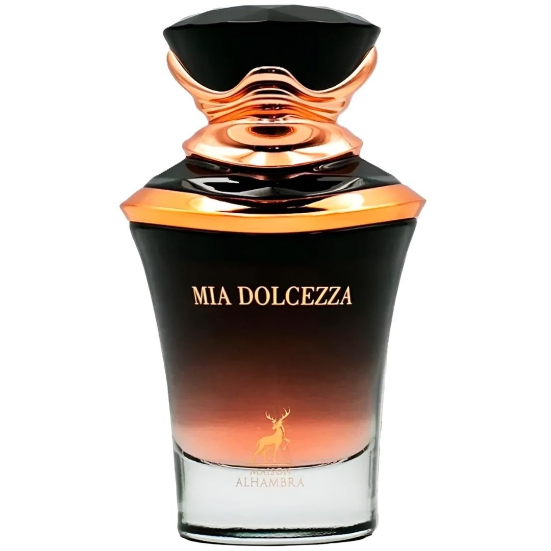 Flacon Mia Dolcezza Maison Alhambra 100 ml cu degrade negru caramel și capac rose gold pe fundal alb
