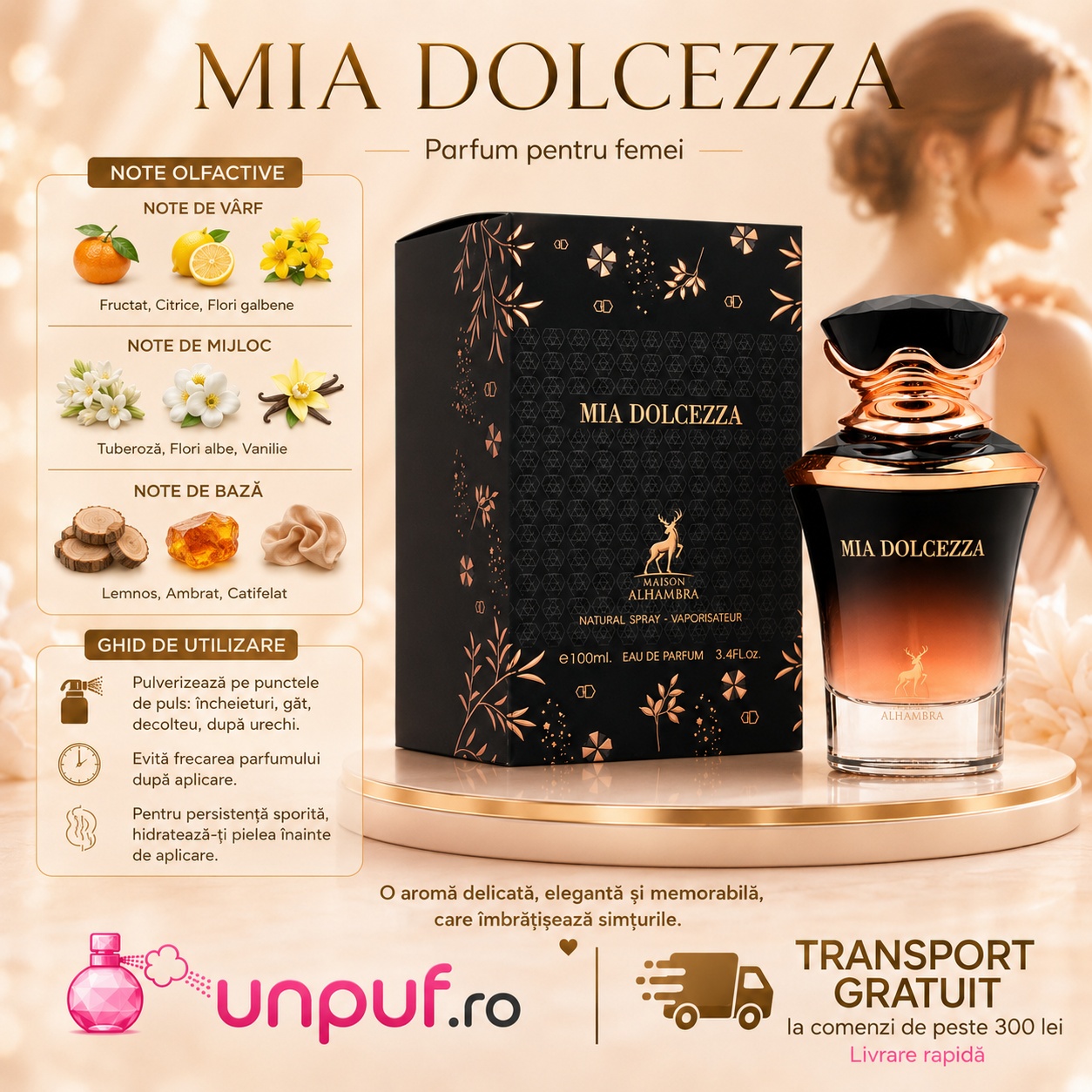 Ghid de utilizare Mia Dolcezza Maison Alhambra cu note de bergamotă coacăză neagră piper roz iasomie tuberoză ambră cașmir lemn de guaiac și vanilie