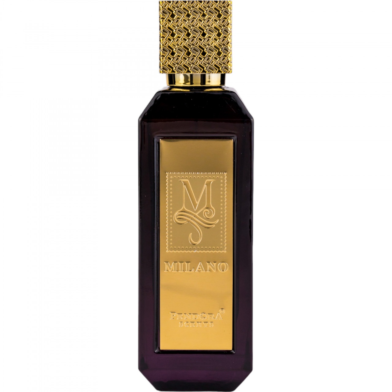 Parfum Milano For Men Pendora Scents 100 ml cu flacon negru violet, capac auriu texturat și placă aurie frontală