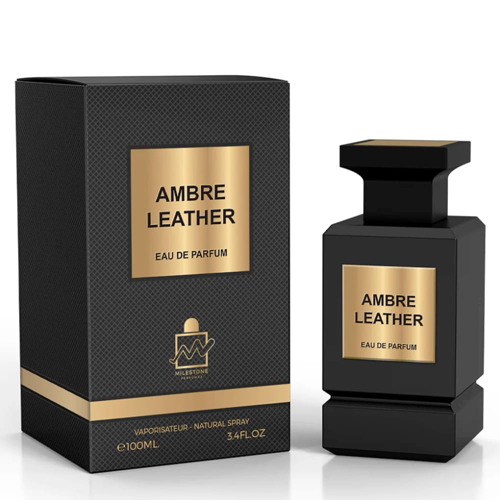 Milestone Black Leather 100 ml sticlă și cutie produs pe fundal alb
