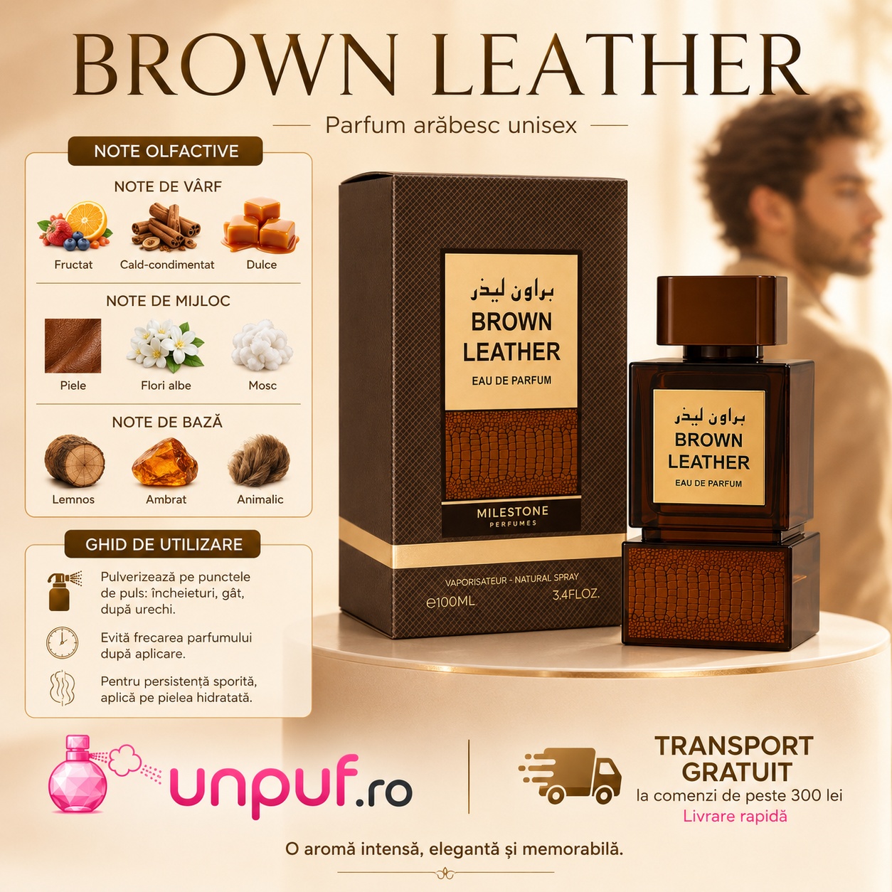 Ghid de utilizare Milestone Brown Leather cu note de cardamom piper șofran piele lemn cald trandafir paciuli ambră și mosc