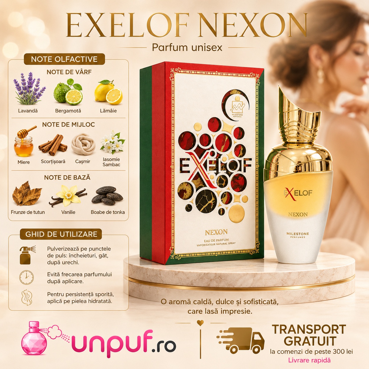 Ghid de utilizare Milestone Exelof Nexon parfum cu acorduri dulci, calde, condimentate, vanilate, citrice și aromatice