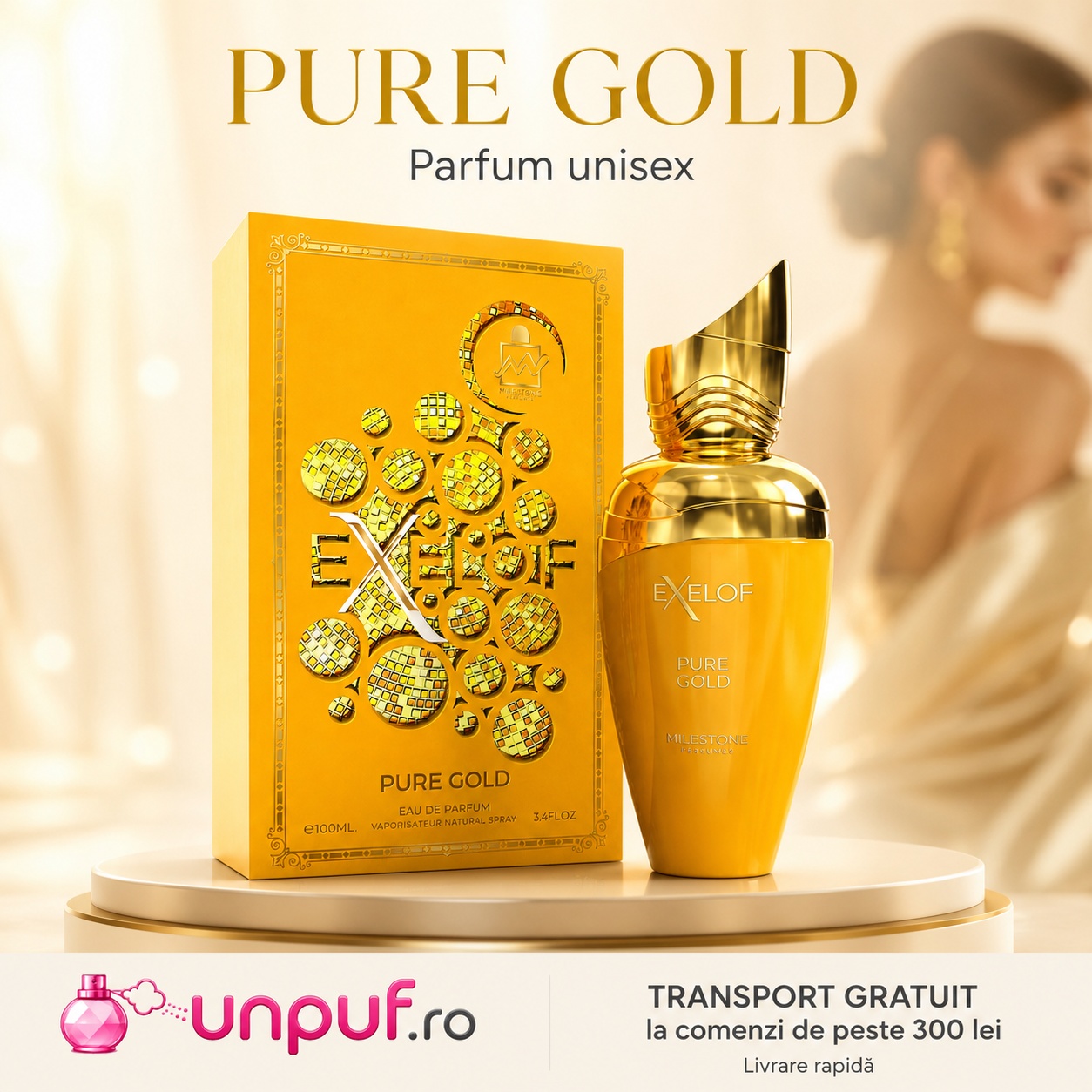 Milestone Exelof Pure Gold parfum arabesc unisex disponibil pe unpuf.ro cu transport gratuit peste 300 lei și livrare rapidă