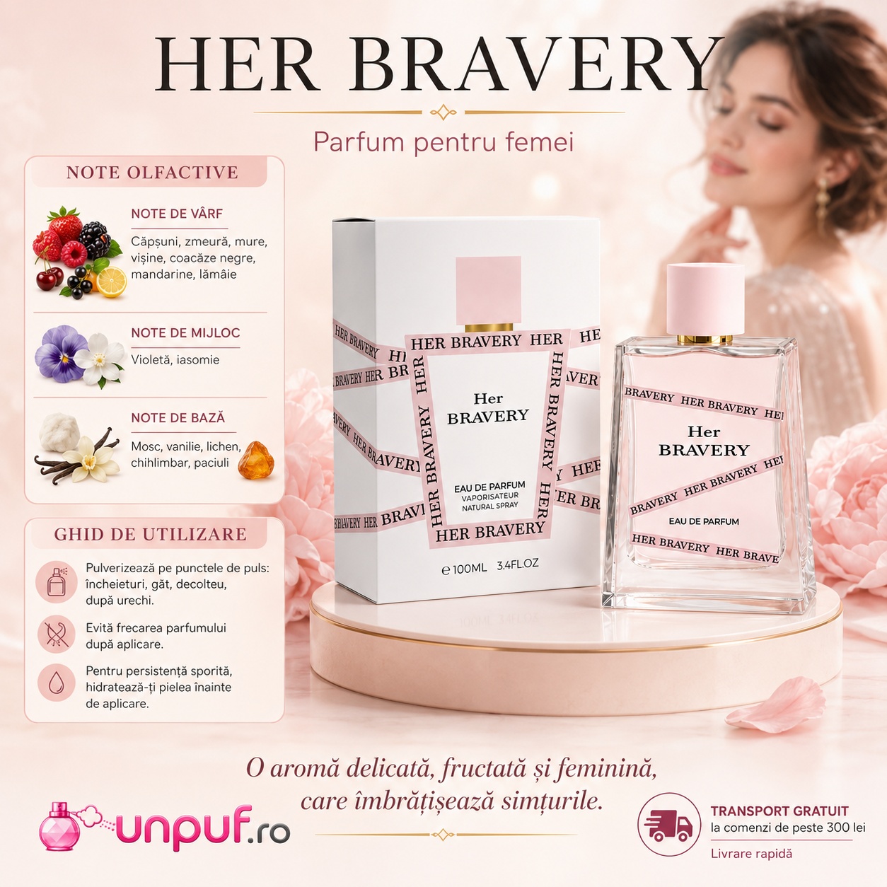 Ghid de utilizare Milestone Her Bravery parfum de damă cu note fructate, florale, vanilate, moscate și lemnoase
