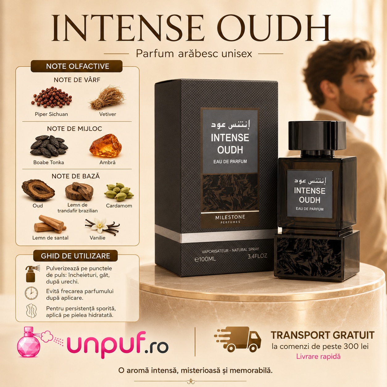 Ghid de utilizare Milestone Intense Oudh parfum cu acorduri lemnoase, orientale, oud, ambră, mosc și condimente