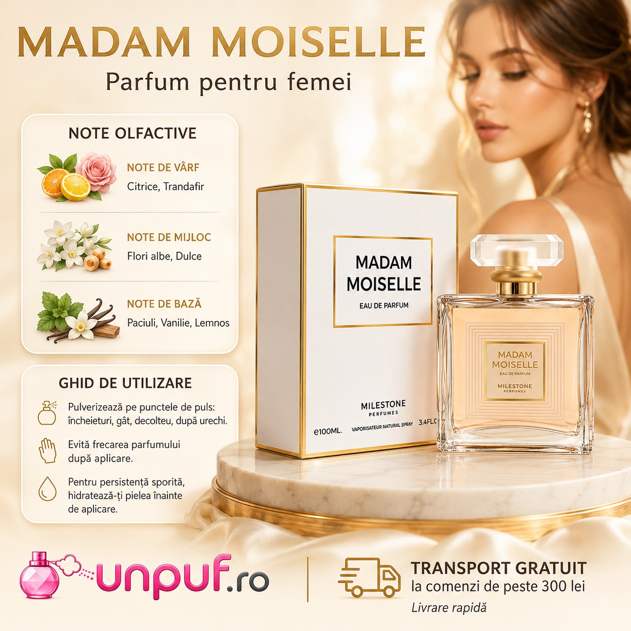 Ghid de utilizare Milestone Madam Moiselle parfum pentru femei cu note citrice, trandafir, flori albe, vanilie, paciuli și acorduri lemnoase