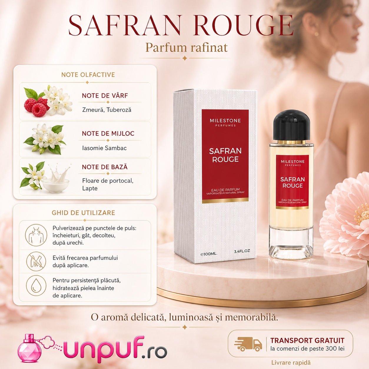 Ghid de utilizare Milestone Safran Rouge parfum cu zmeură, tuberoză, iasomie sambac, floare de portocal, lapte și acorduri orientale