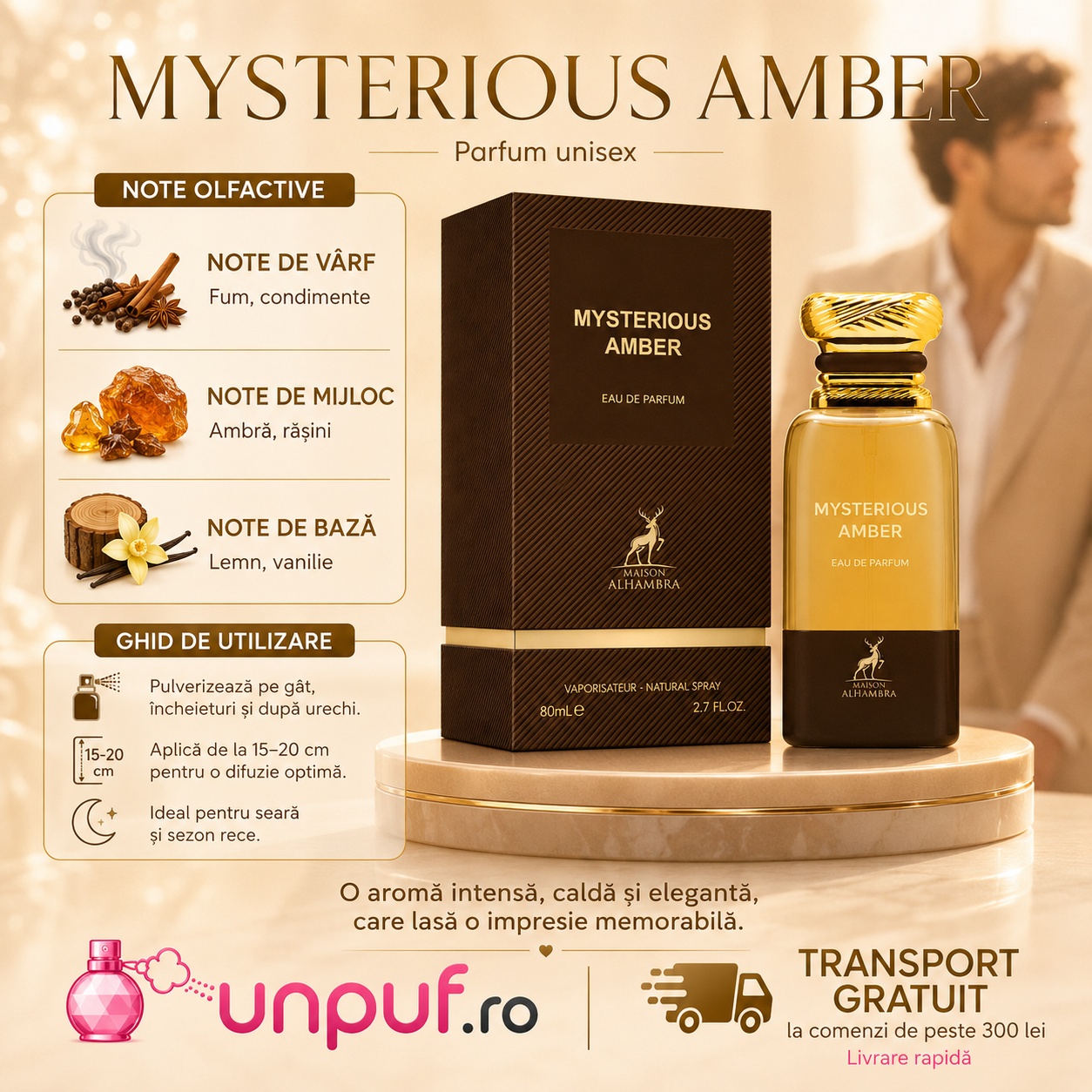 Ghid de utilizare Mysterious Amber Maison Alhambra parfum unisex cu fum, condimente, ambră, rășini, lemn și vanilie