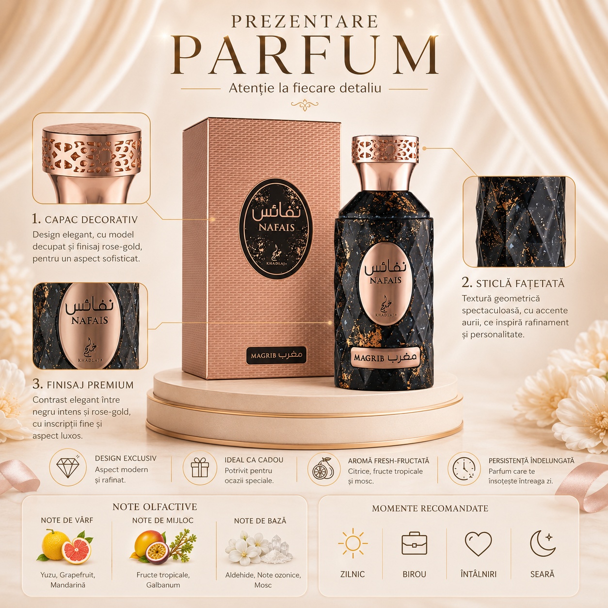 Prezentare parfum Nafais Magrib Khadlaj cu flacon fațetat, cutie rose gold, note olfactive și momente recomandate