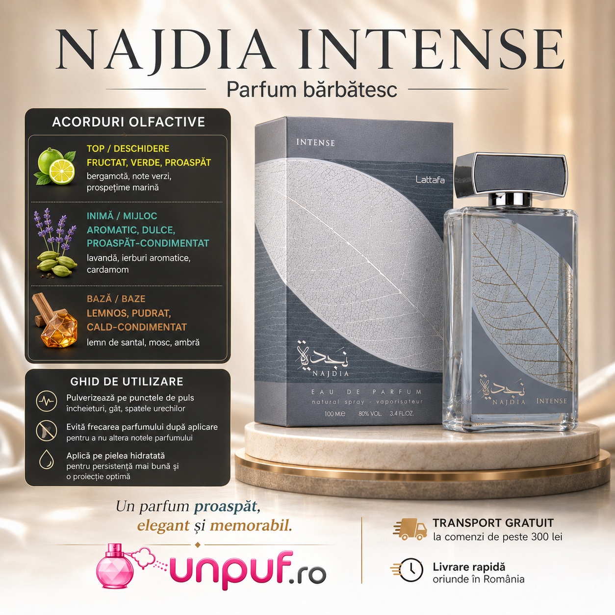 Ghid de utilizare Najdia Intense Lattafa parfum cu acorduri fructate, verzi, proaspete, aromatice, marine, lemnoase, pudrate și cald condimentate