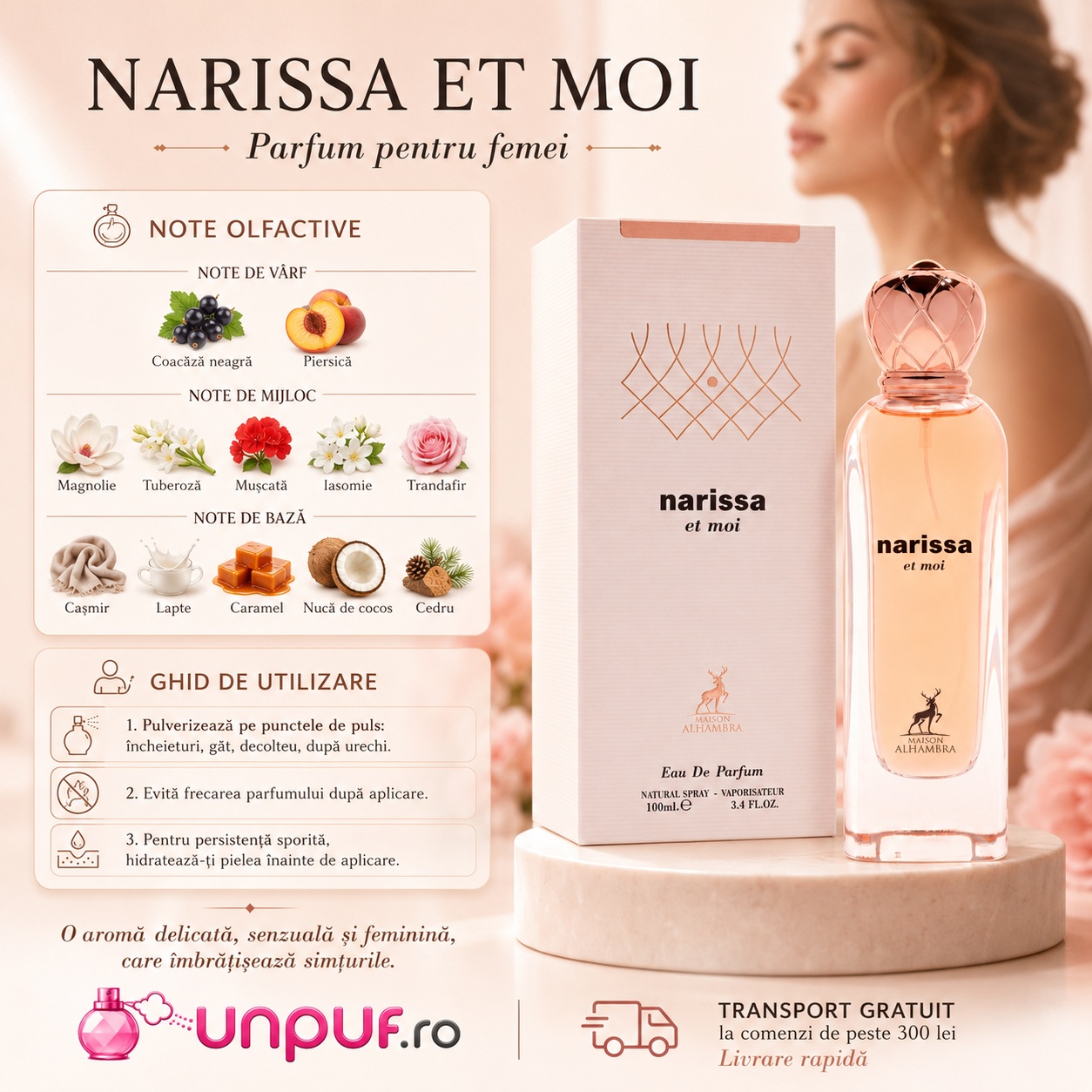 Ghid de utilizare Narissa Et Moi Maison Alhambra parfum de damă cu coacăză neagră, piersică, magnolie, iasomie, tuberoză, caramel, lapte și cocos