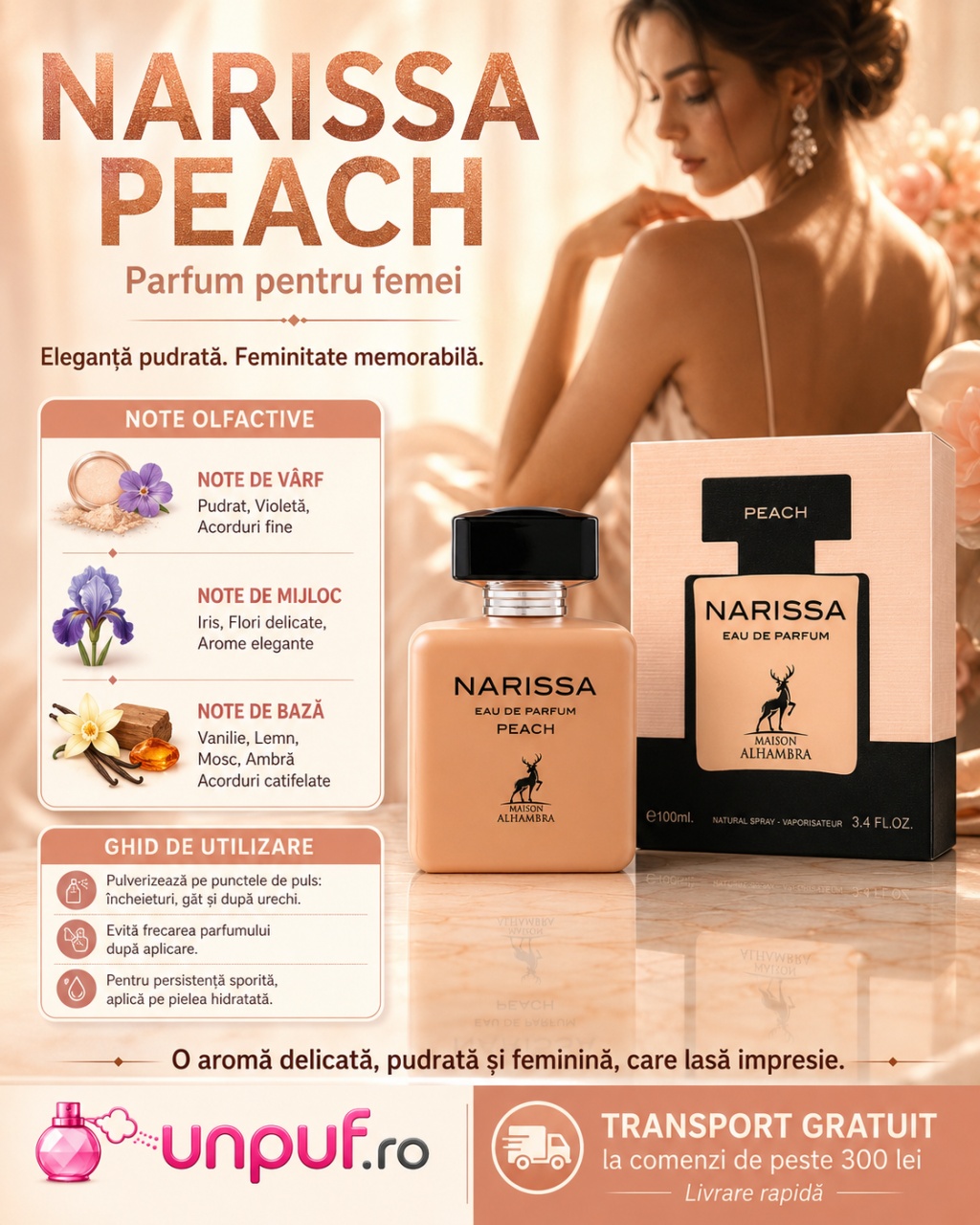 Ghid de utilizare Narissa Peach Maison Alhambra parfum cu acorduri pudrate, florale, vanilate, moscate și catifelate