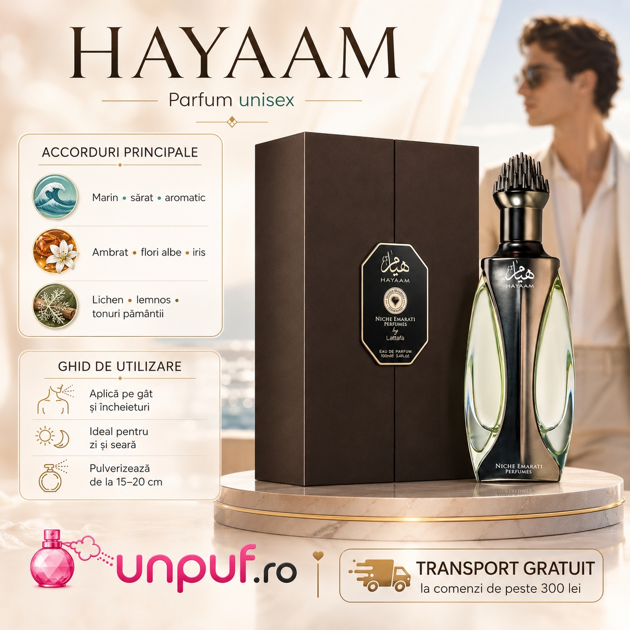 Ghid de utilizare Hayaam Niche Emarati parfum unisex cu acorduri marine, sărate, aromatice, ambrate, iris, flori albe, lichen și lemnoase