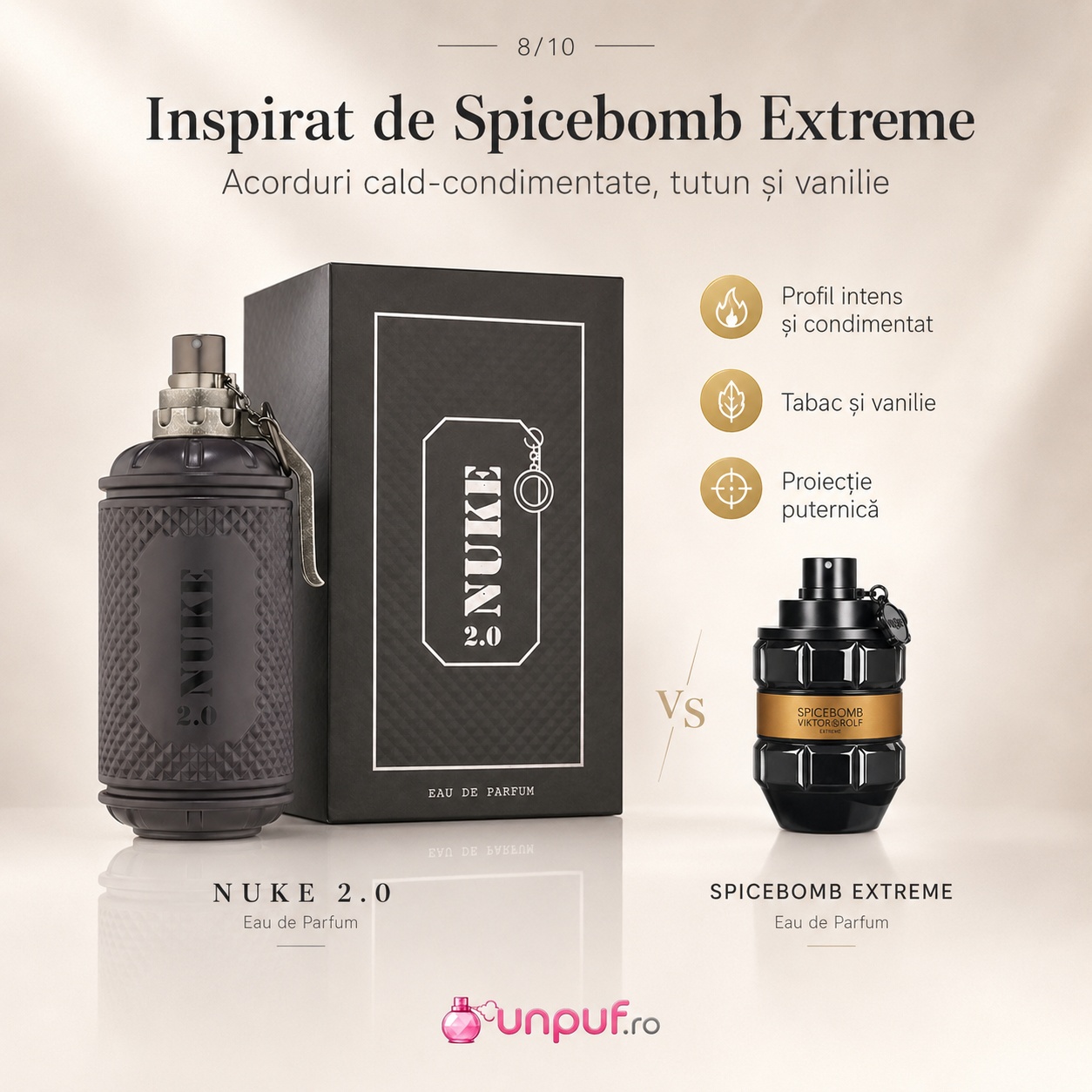 Nuke 2.0 Fragrance World inspirat din Spicebomb Extreme parfum cald condimentat cu tutun și vanilie