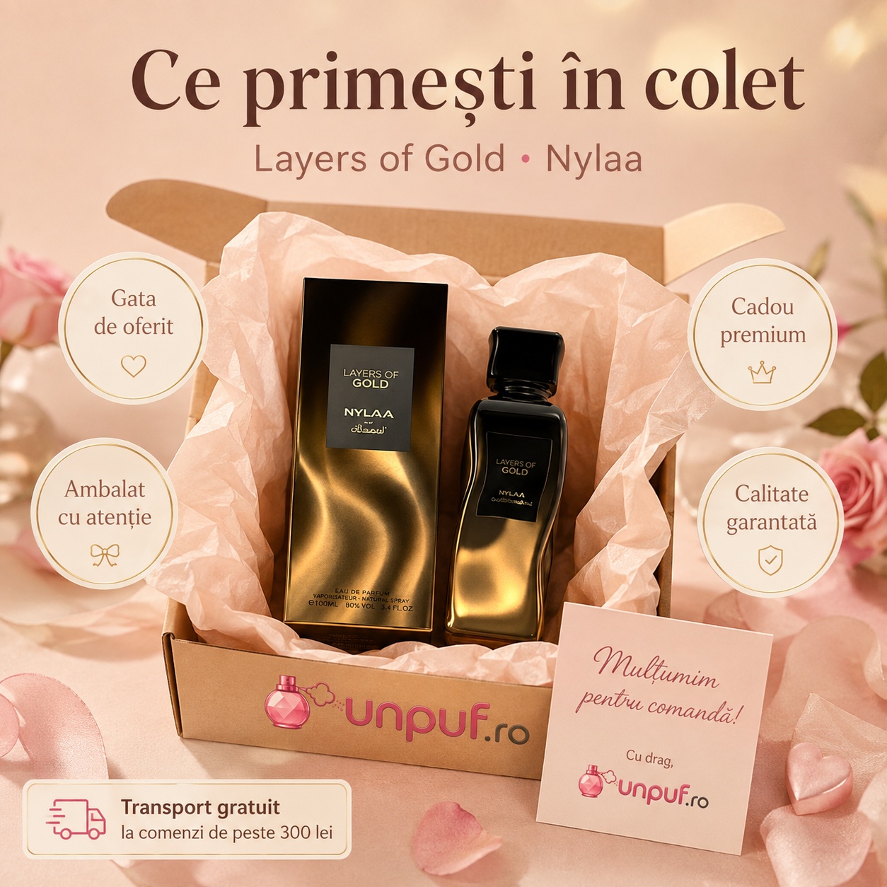 Ce primești în colet Nylaa Layers of Gold Extrait by Rasasi 100 ml, parfum original și ambalaj premium