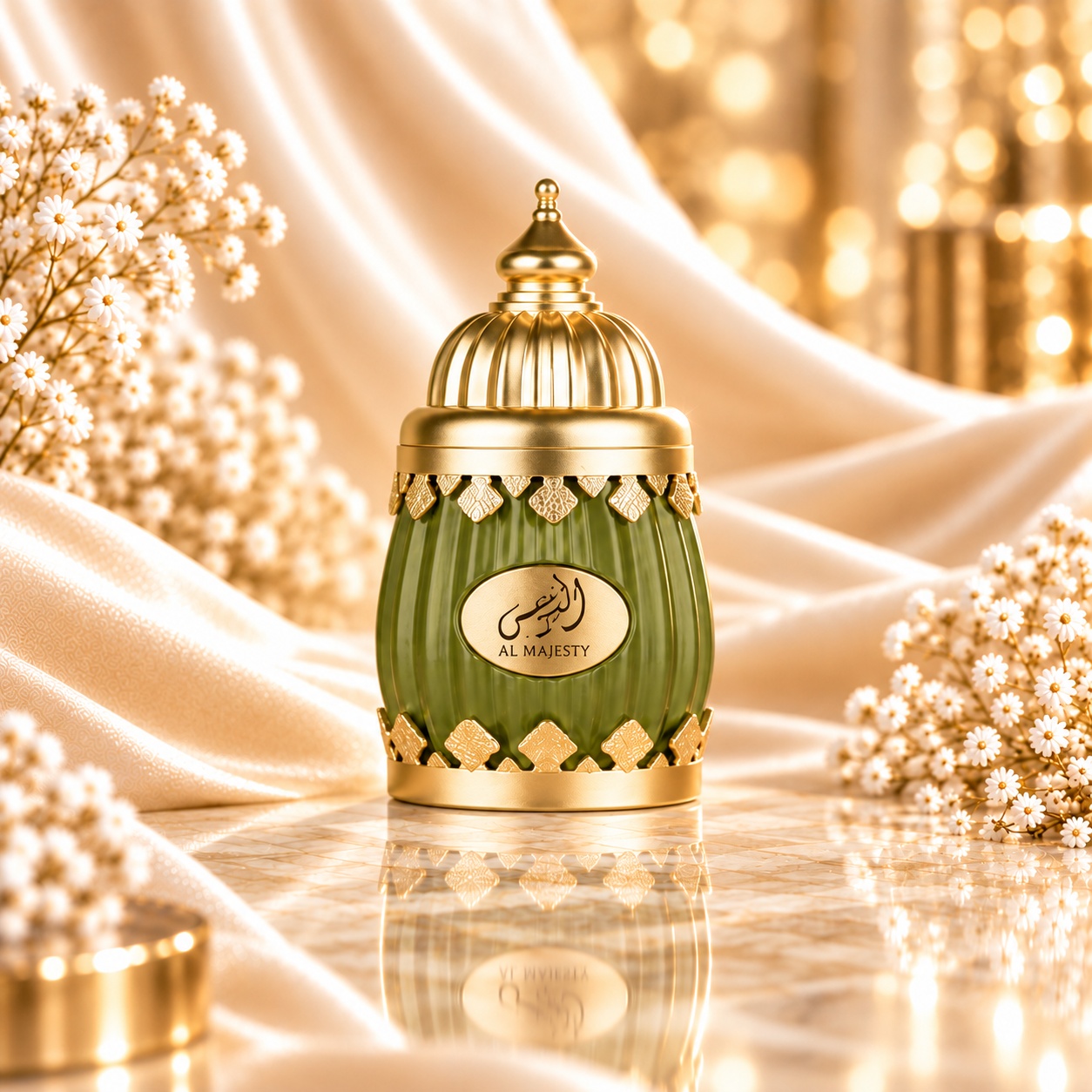 Flacon Al Narjis 100 ml, parfum unisex verde olive cu capac auriu oriental și design elegant
