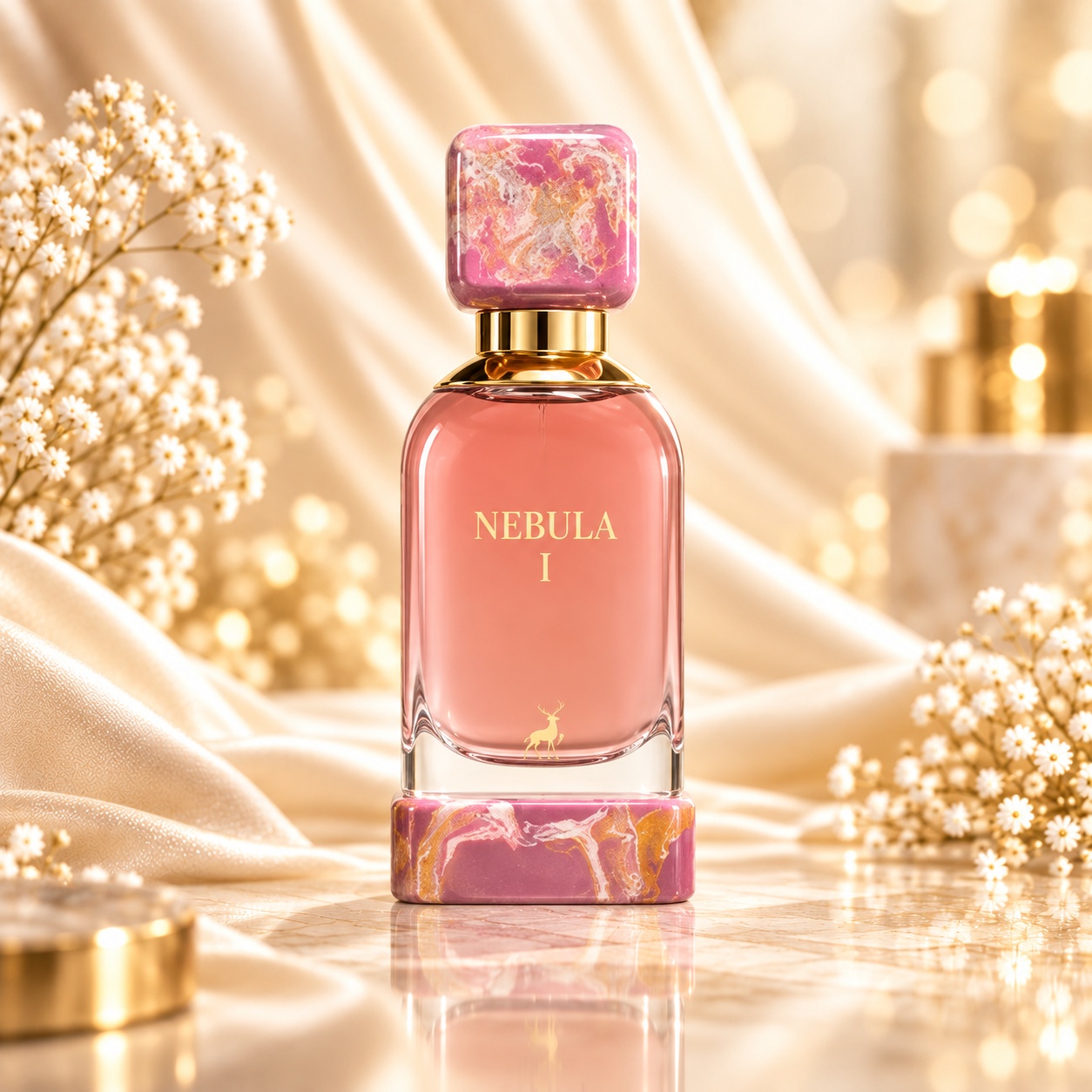 Flacon Nebula I 100 ml, parfum de damă roz cu capac marmorat și detalii aurii