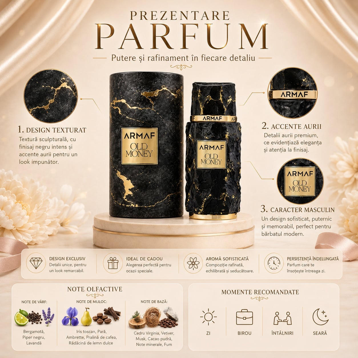 Prezentare parfum Old Money Armaf cu design texturat negru și accente aurii