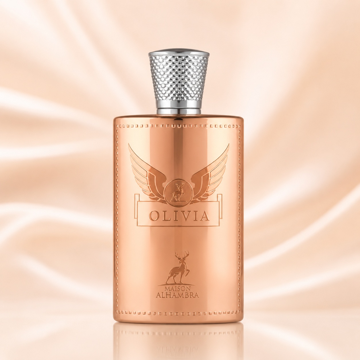 Sticlă parfum Olivia Maison Alhambra 80 ml piersică metalizată cu capac argintiu texturat și detalii aurii