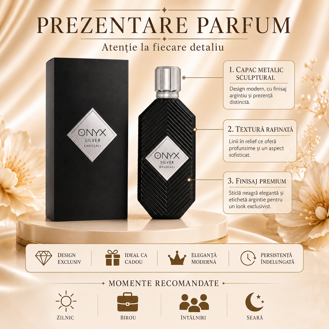 Prezentare parfum Onyx Silver Khadlaj cu flacon negru, cutie premium, textură rafinată și detalii argintii