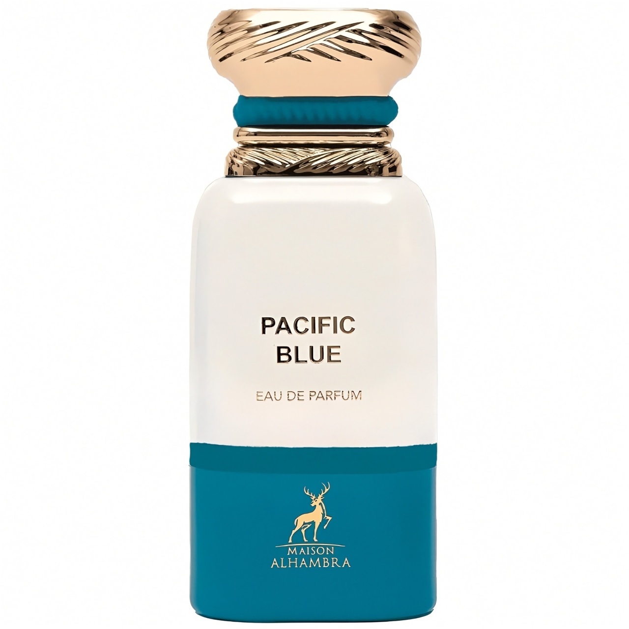 Flacon Pacific Blue Maison Alhambra 80 ml alb turquoise cu capac auriu ornamental