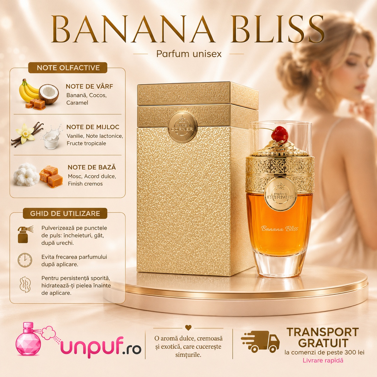 Acorduri principale și ghid de utilizare Paris Corner Banana Bliss 100 ml, parfum dulce cremos și tropical