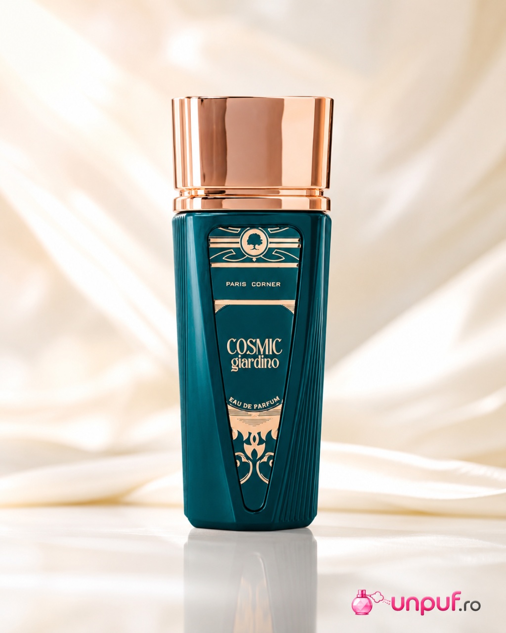 Sticlă parfum Cosmic Giardino Paris Corner 100 ml cu design verde petrol și capac rose gold