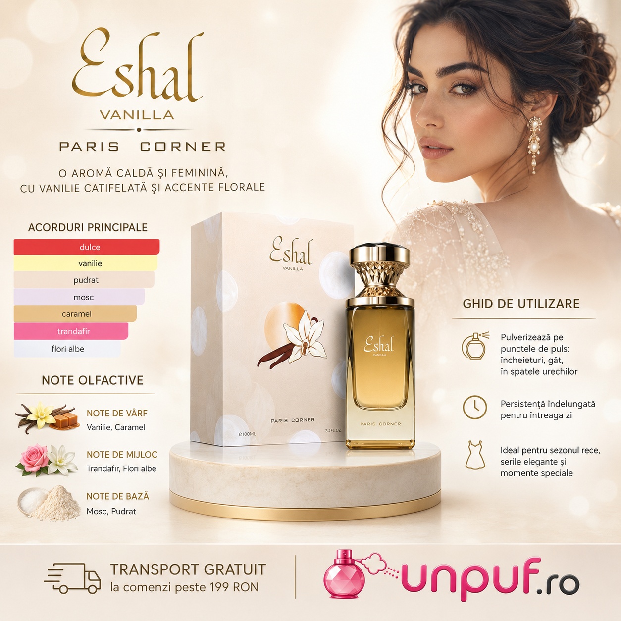 Acorduri principale și ghid de utilizare Paris Corner Eshal Vanilla 100 ml, parfum dulce vanilat și moscat