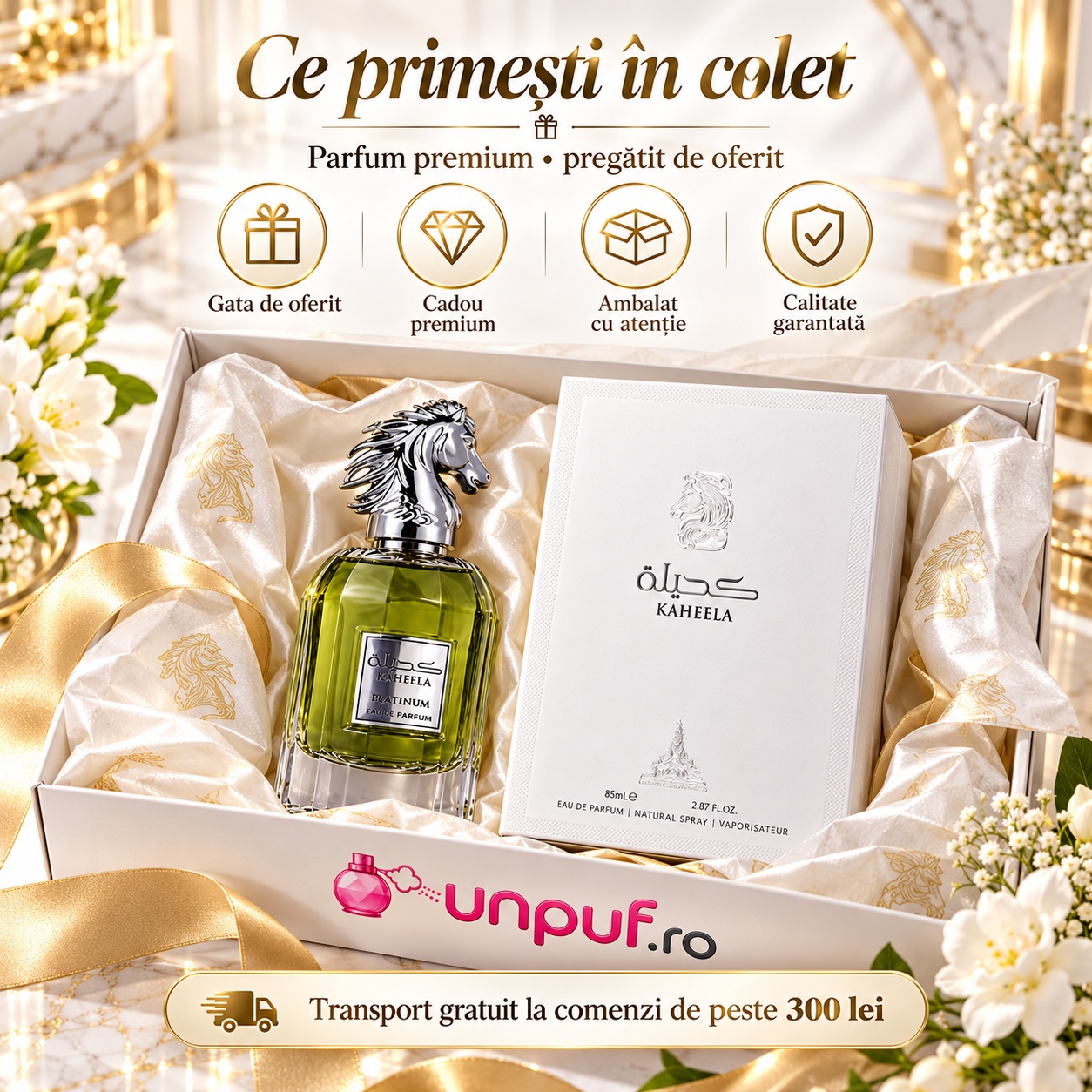 Ce primești în colet Kaheela Platinum Paris Corner Eau de Parfum 85 ml ambalat premium pentru cadou