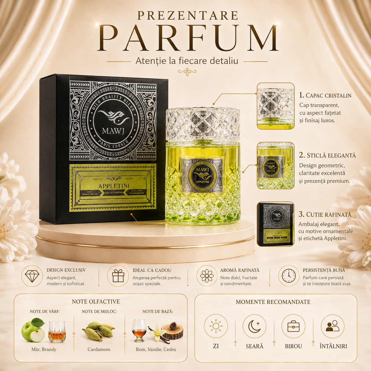 Prezentare parfum Mawj Appletini Paris Corner cu detalii flacon note olfactive și momente recomandate