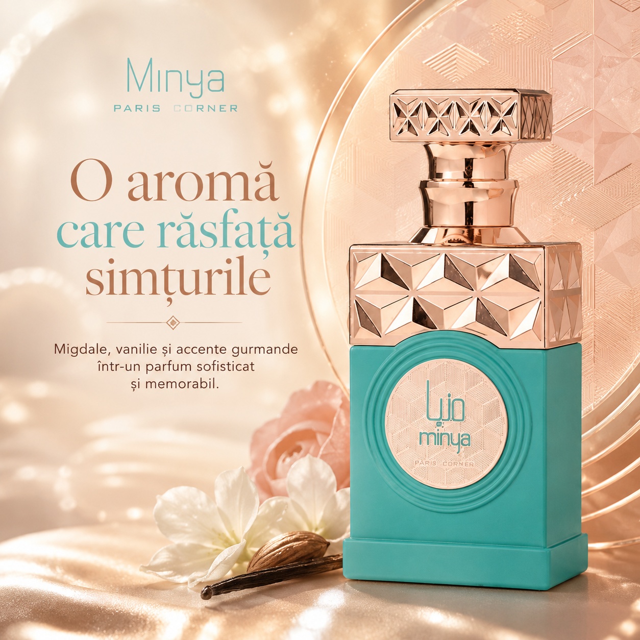 Prezentare parfum Minya Paris Corner cu note de fistic migdale iasomie heliotrop vanilie și caramel sărat